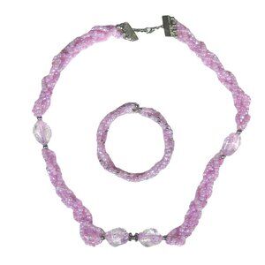 Necklace Bracelet Set 2 Braided Strand 24 In Beaded Purple Silvertone Plastic